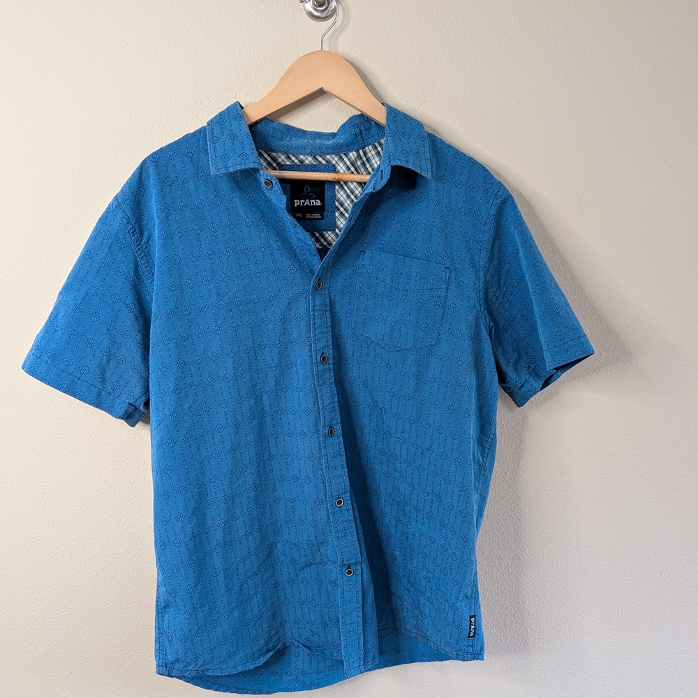 prAna‎ Organic Cotton Short Sleeve Button Up Shirt Blue Size Large